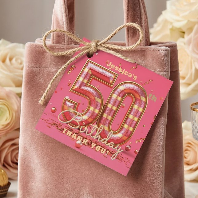 Étiquettes Cadeau Hot Pink Gold 3D Striped 50th Birthday Thank You (Créateur téléchargé)