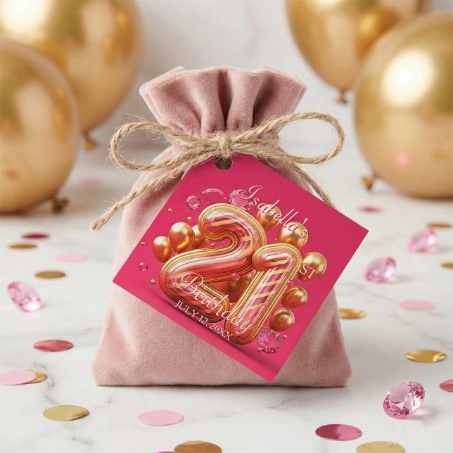 Étiquettes Cadeau Hot Pink Gold Balloons Diamonds 21st Birthday (Créateur téléchargé)