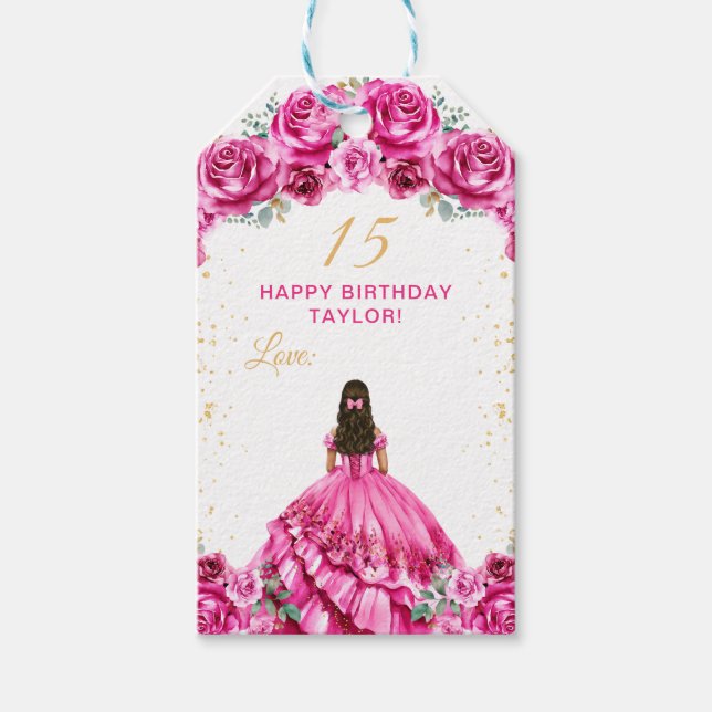 Étiquettes-cadeau Hot rose princesse Quinceañera Joyeux anniversaire (Devant)