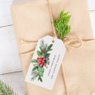 Étiquettes-cadeau Houx baie verdure aquarelle d'hiver