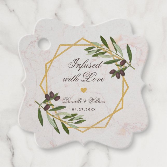Étiquettes Cadeau Huile d'olive infusée avec l'amour Mariage or & Fo (Devant)