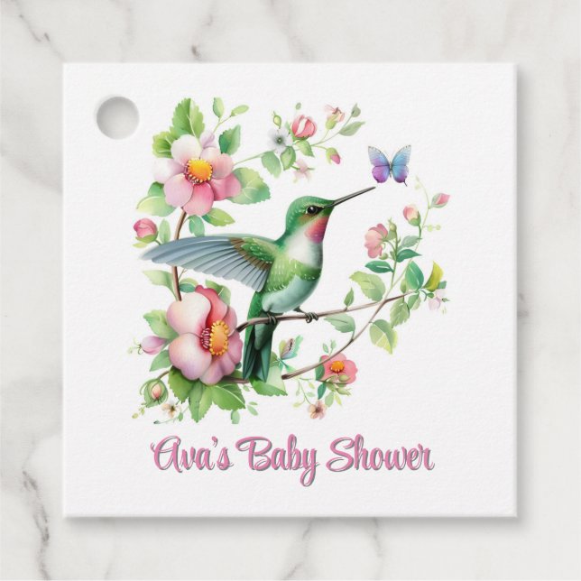 Étiquettes Cadeau Hummingbird and Butterfly Girl Baby shower Merci U (Devant)