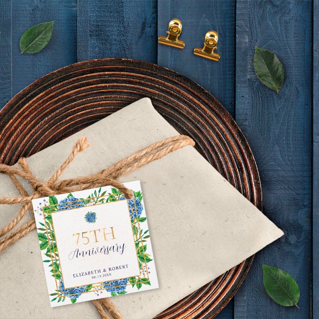 Étiquettes Cadeau Hydrangea Bleu Doré 75e Anniversaire de Mariage (Créateur téléchargé)