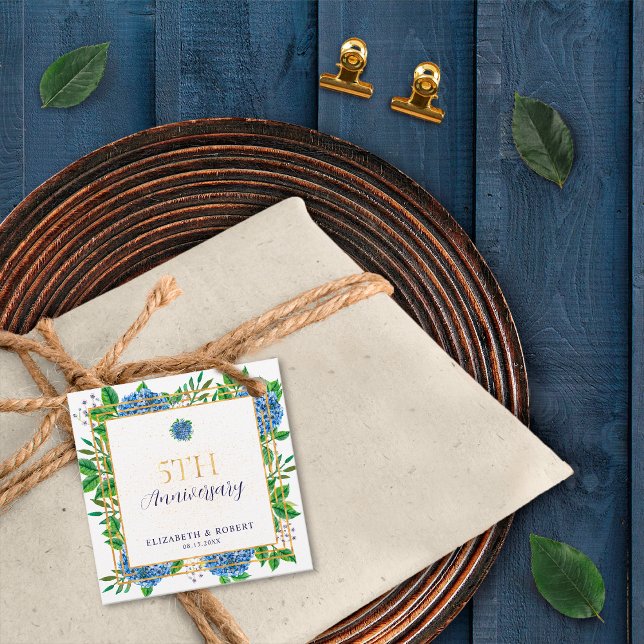 Étiquettes Cadeau Hydrangea Bleu Or 5e Anniversaire de Mariage (Créateur téléchargé)