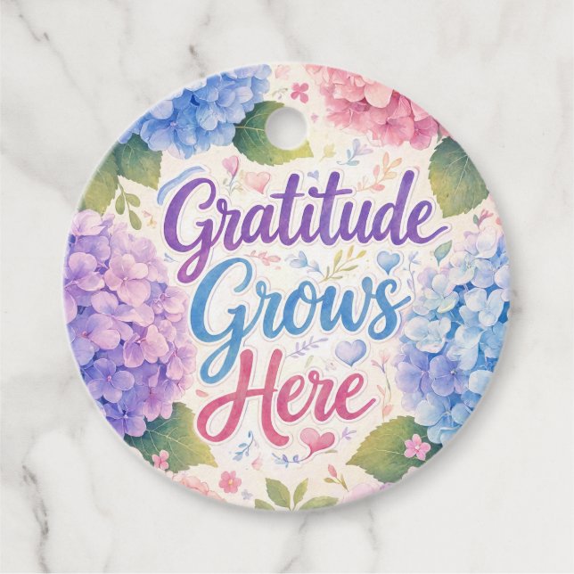 Étiquettes Cadeau Hydrangea : La gratitude grandit ici (Devant)