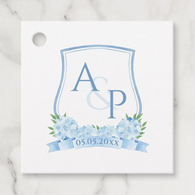 Étiquettes Cadeau Hydrangée bleu classique Monogramme Mariage Crest (Devant)
