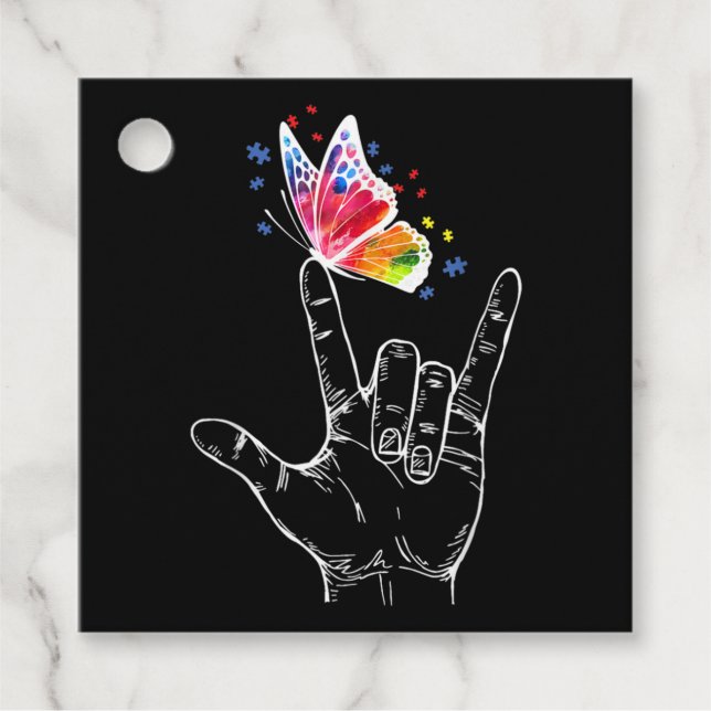 Étiquettes Cadeau I Love You Hand Sign Language Butterfly Autism (Devant)