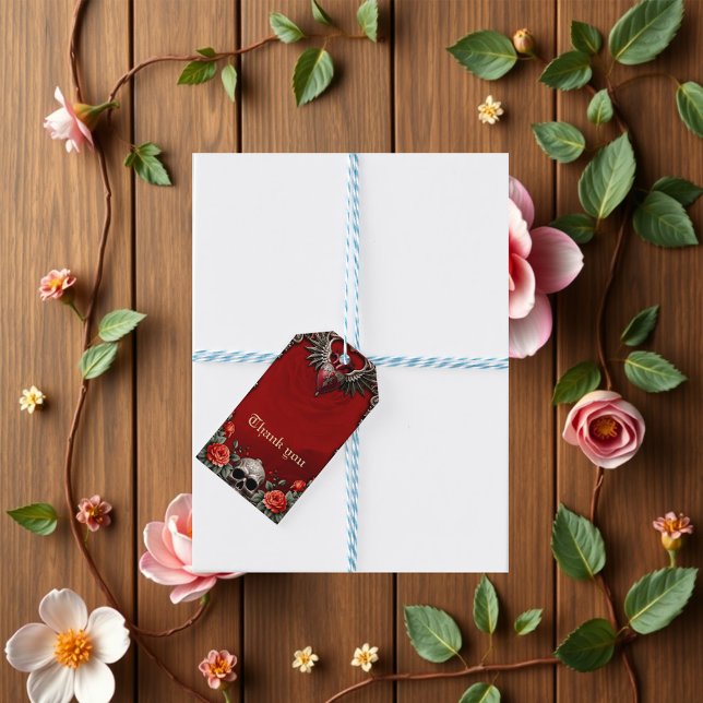 Étiquettes-cadeau Icône gothique romantique : cœur, rose, crâne. (Créateur téléchargé)