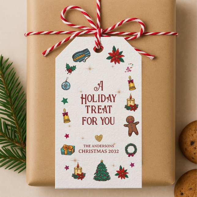 Étiquettes-cadeau Icônes de fête mignonnes personnalisées Friandise  (Personalized Cute Festive Icons Holiday Treat Gift Tags)