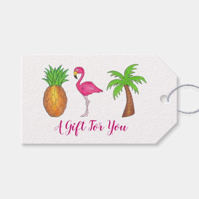 Étiquettes-cadeau Ile tropicale Palm Tree Ananas Flamant rose rose (Devant (Horizontal))