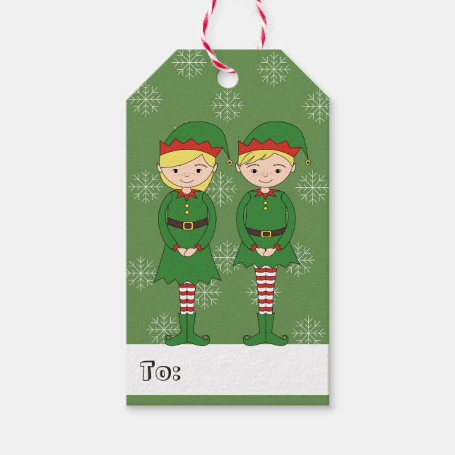 Étiquettes-cadeau illusima Girl and Boy Elf Christmas Snowflakes (Devant)