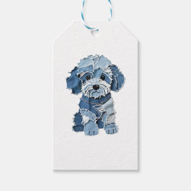 Étiquettes-cadeau Illustration du chien de la patchwork Denim mignon (Devant)