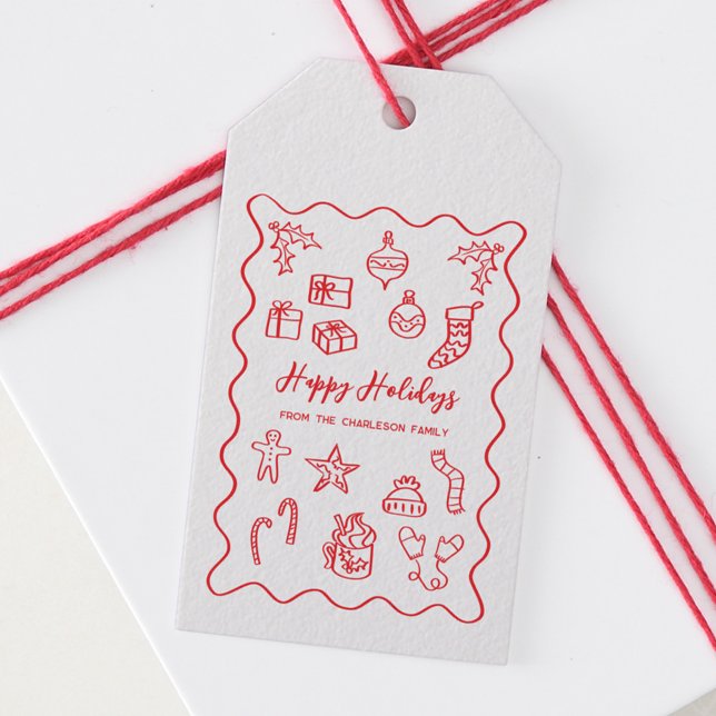 Étiquettes-cadeau Illustration du gribouillis de vacances Doodle Rou (Fun hand drawn scribble doodle red and white personalized custom text Christmas holiday gift tag)
