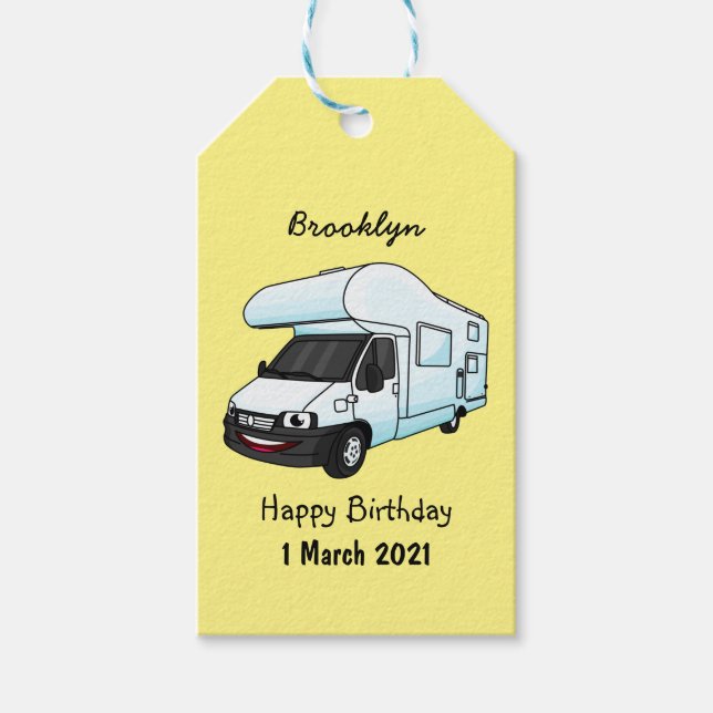 Étiquettes-cadeau Illustration d'un campervan heureux (Devant)
