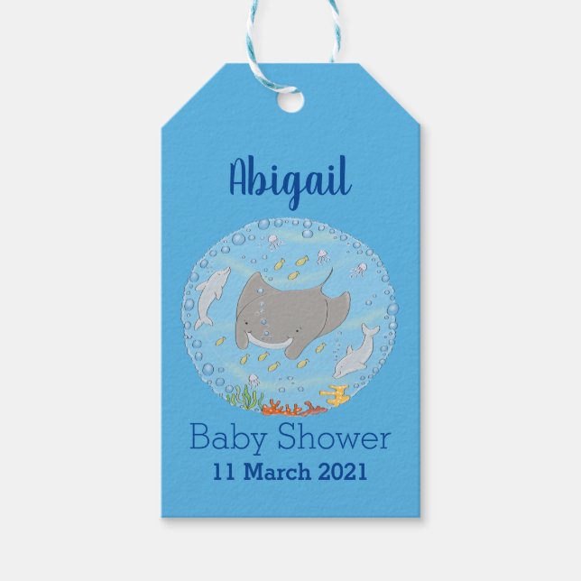 Étiquettes-cadeau Illustration d'une mignonne raie manta et de bulle (Devant)