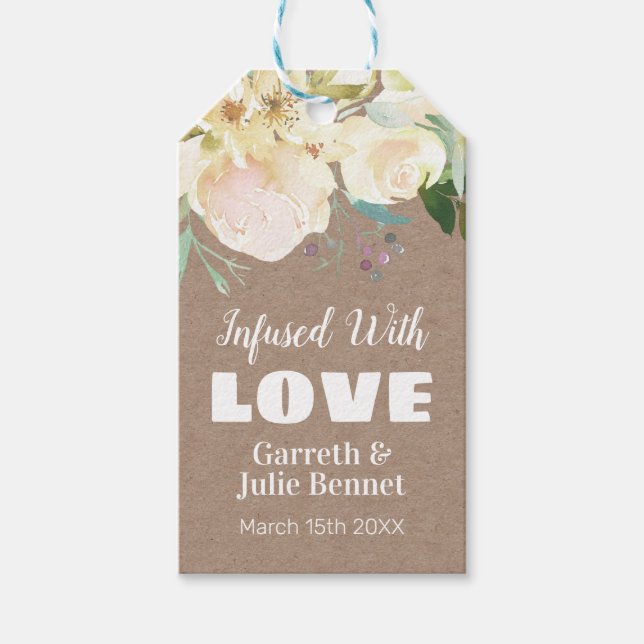 Étiquettes-cadeau Infusé Avec Amour Rustique Kraft Mariage rose Flor (Devant)