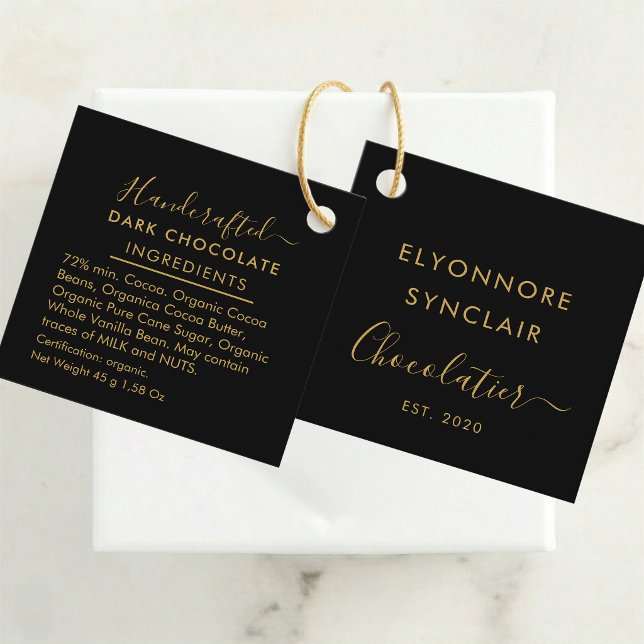 Étiquettes Cadeau Ingrédients du Chocolat Noir Black Gold Script (Créateur téléchargé)