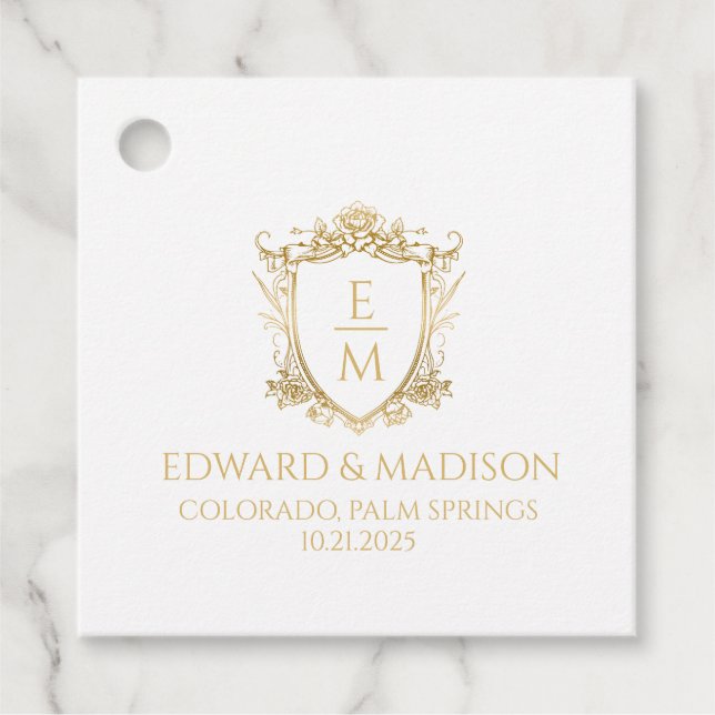 Étiquettes Cadeau Initiales Mariage or & Mariage Floral Crest (Devant)