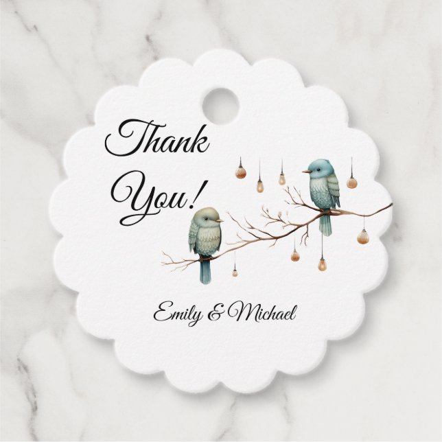 Étiquettes Cadeau Inséparables rustiques de bois Mariage romantique (Devant)