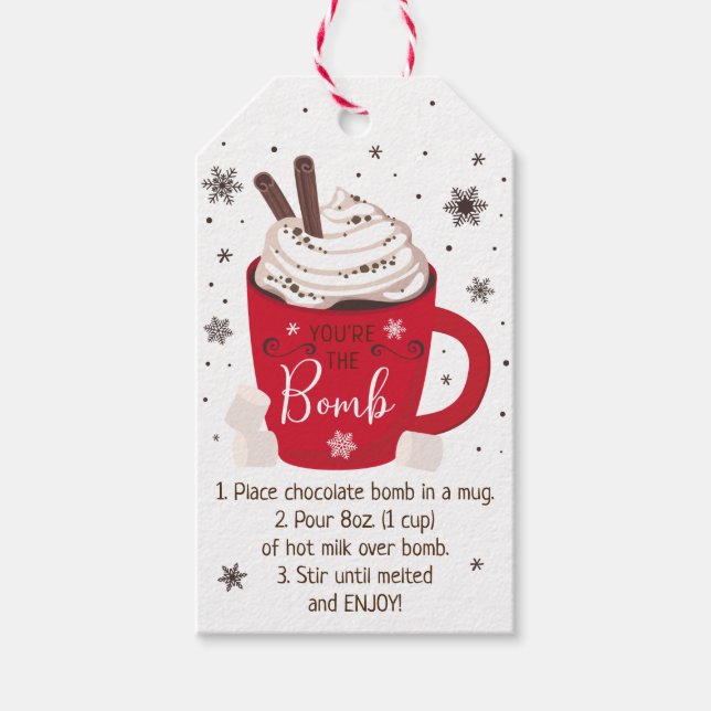 Étiquettes-cadeau Instruction sur la bombe à chocolat chaud (Devant)