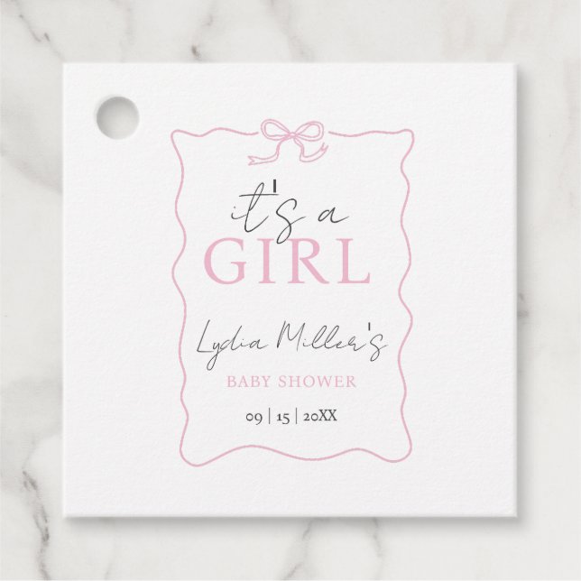 Étiquettes Cadeau Invitation à une Baby Shower avec un Nœud Rose, In (Devant)