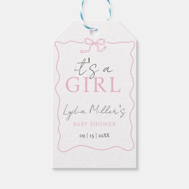 Étiquettes-cadeau Invitation à une Baby Shower avec un Nœud Rose, In (Devant)