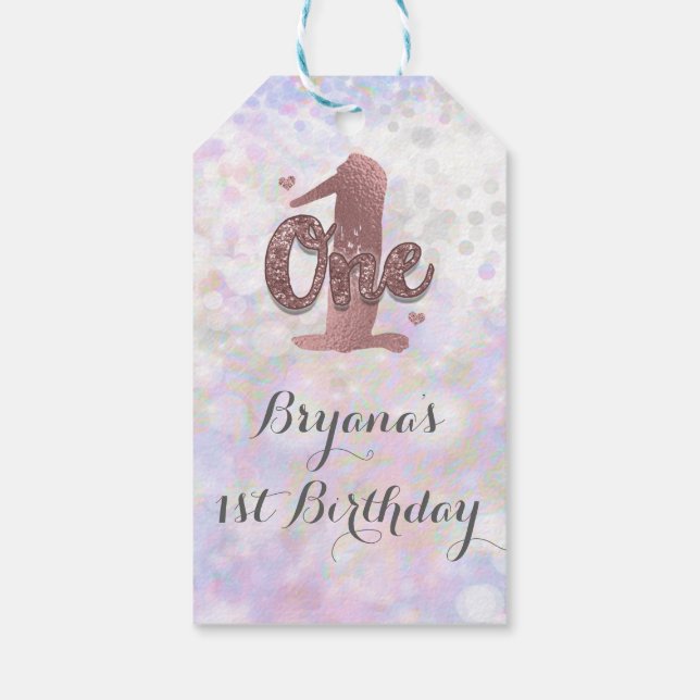 Étiquettes-cadeau Iridescente White Sparkle Glam 1er anniversaire Fa (Dos)