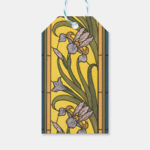 Étiquettes-cadeau Iris Fleur Art Nouveau Vitrail Bleu Or