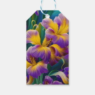 Étiquettes-cadeau Iris Floral Violet et bleu or feuilles