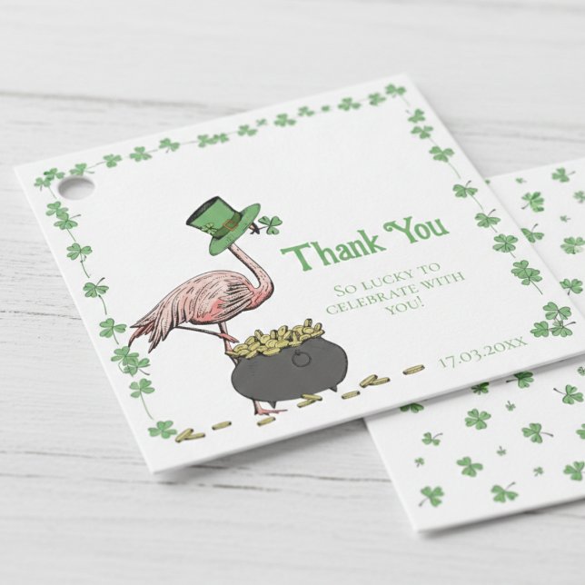 Étiquettes Cadeau Irish Shamrock Flamingo Thank You (Funny St Patrick's Day Favor Tags. Elegant Hand Drawn Irish Flamingo Green Clover Pot of Gold)