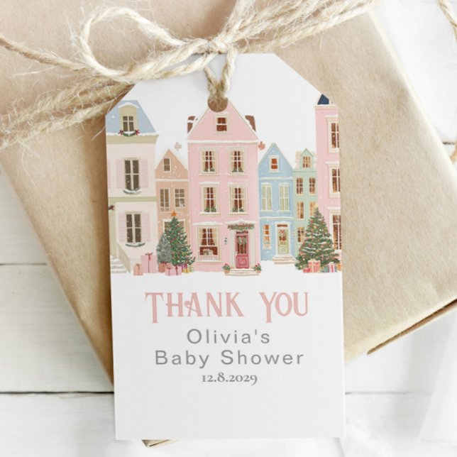 Étiquettes-cadeau It takes a Village Winter Pink Snow Thank you (Créateur téléchargé)