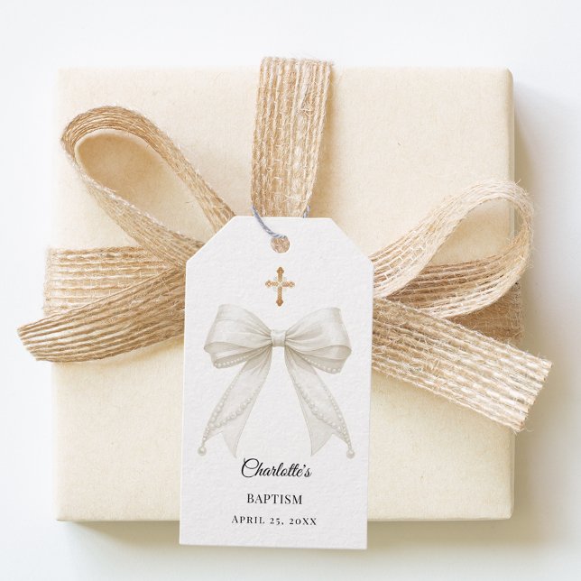 Étiquettes-cadeau Ivory bow pearls Baptism DIY (Créateur téléchargé)