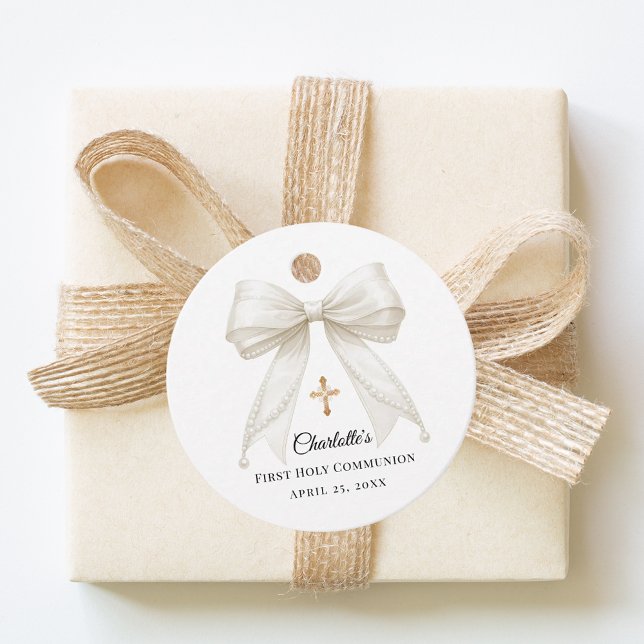 Étiquettes Cadeau Ivory bow pearls First Holy Communion DIY (Créateur téléchargé)