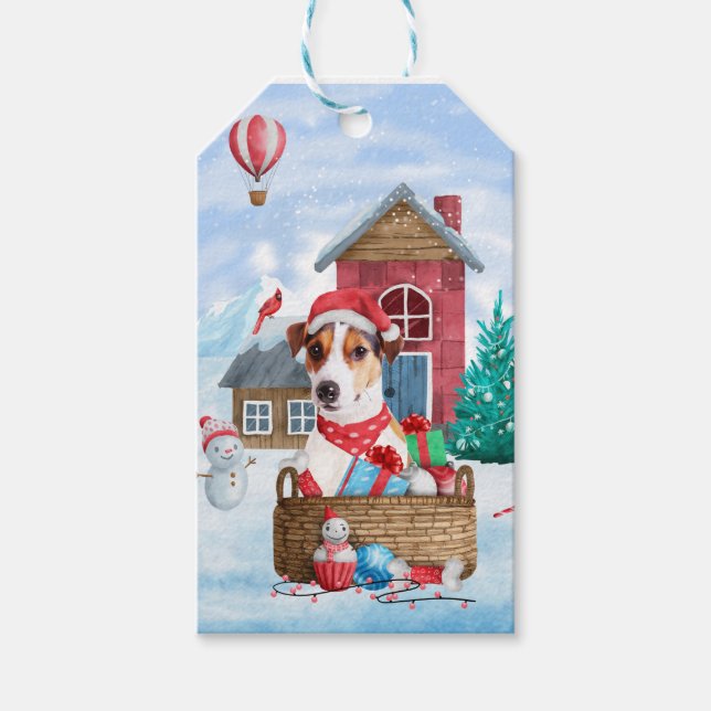 Étiquettes-cadeau Jack Russell Chien dans la neige Maison de chien d (Devant)