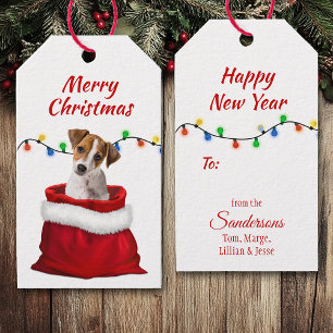 Étiquettes-cadeau Jack Russell Puppy dans le sac Père Noël