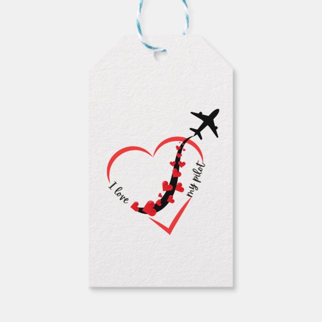 Étiquettes-cadeau J'aime Mon Pilote, Coeur, Aviation, Aéronefs, Avio (Dos)