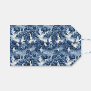 Étiquettes-cadeau Jardin d'eau japonais en porcelaine blanche bleue