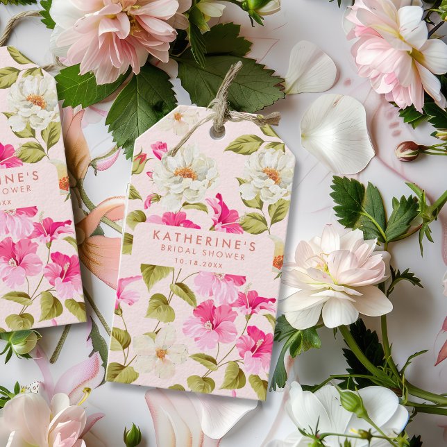Étiquettes-cadeau Jardin fleuri rose vif Douche nuptiale (Créateur téléchargé)