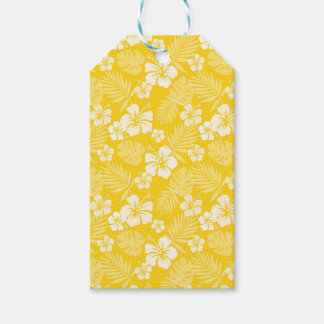 ÉTIQUETTES-CADEAU JAUNE AUX FLEURS HIBISQUES BLANCHES TROPICALES