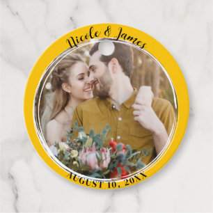Étiquettes Cadeau Jaune Tournesol Minimaliste Rond Photo Mariage