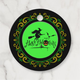 Étiquettes Cadeau Jaune Vert Joyeux Halloween sorcière et chauves-so
