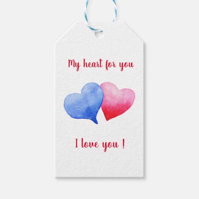 Étiquettes-cadeau Je t'aime aquarelle cœur rouge et bleu   (Devant)