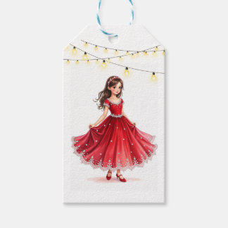 Étiquettes-cadeau Jeune brunette à l'aquarelle dansant sous les lumi