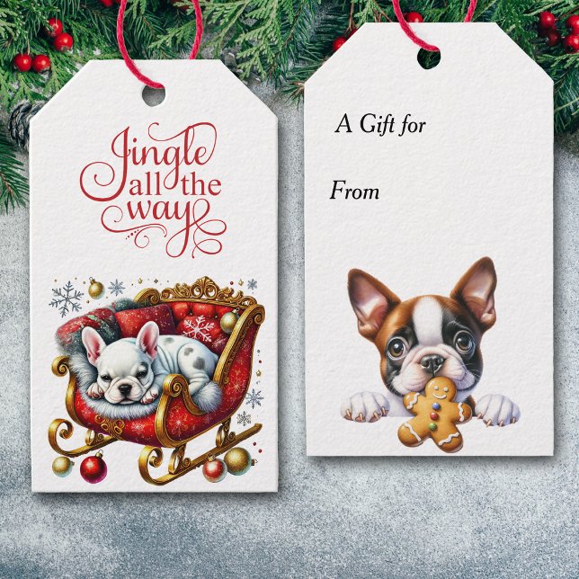 Étiquettes-cadeau Jingle All Way French Bulldog Père Noël Sleigh (Créateur téléchargé)