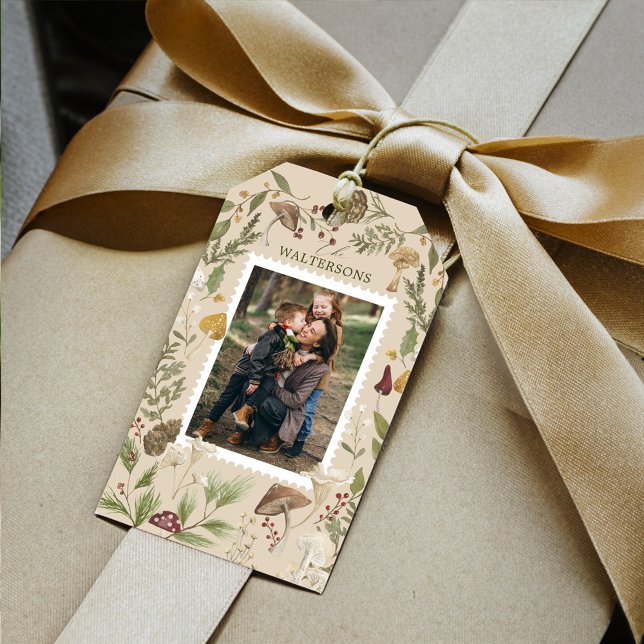 Étiquettes-cadeau Joie aquarelle Woodsy Woodland Champhrooms Photo (Joy Watercolor Woodsy Woodland Mushrooms Photo Gift Tags)