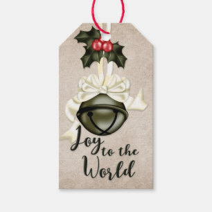Étiquettes-cadeau Joie au monde Cloche verte avec cordon de crème