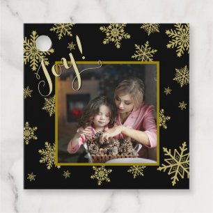 Étiquettes Cadeau Joie ! Élégant Black & Gold Snowflakes Photo de va