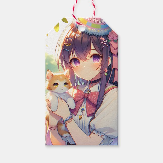 Étiquettes-cadeau Joli Anime Holding Kitten Girl'Anniversaire (Devant)