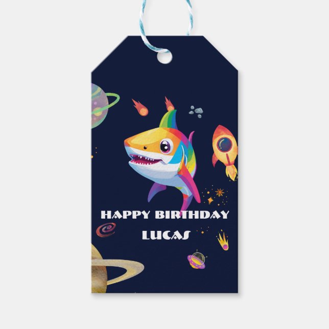 Étiquettes-cadeau Joli arc-en-ciel Shark Galaxy Rocket fête d'annive (Devant)