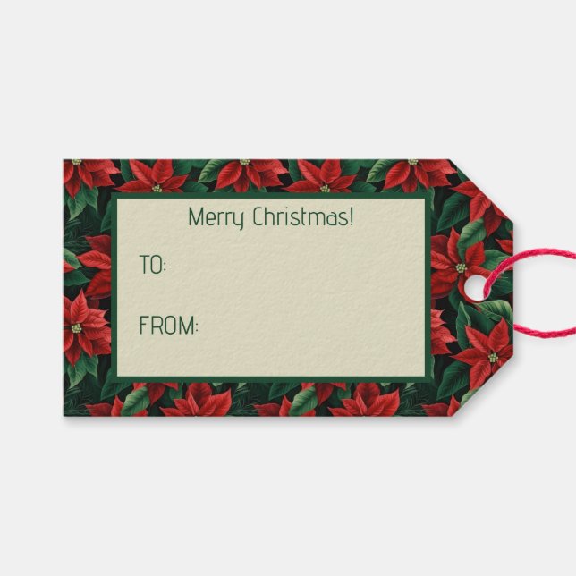 Étiquettes-cadeau Joli Art numérique rouge et vert Poinsettias (Devant (Horizontal))
